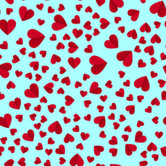 Simple hearts seamless vector pattern. Valentines day background. Flat design endless chaotic texture made of tiny heart silhouettes. Shades of red.