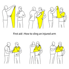 How to sling an injured arm vector illustration outline sketch hand drawn with black lines isolated on white background