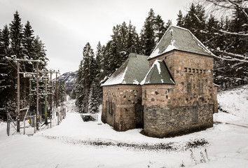 Bygland, Norway - December 2, 2017: Longerak Power Station, a beautiful, old and very small stone buildt hydro electric power station in Setesdal, Norway