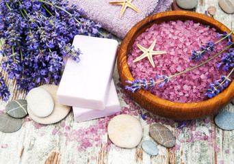 Spa products and lavender flowers