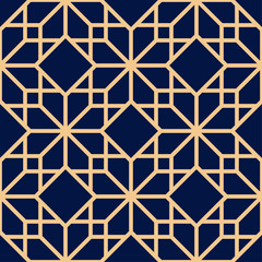 Golden geometric ornament on blue background. Seamless pattern