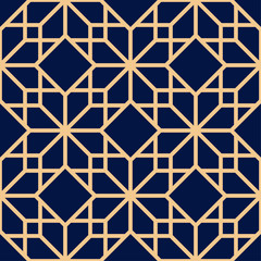 Golden geometric ornament on blue background. Seamless pattern