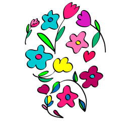 Colorful floral set with garden flowers and leaves. Flowering flowers for patterns, design, decor, fabric, prints, clothes, cards. Pink, fuchsia, blue, yellow, green plants. Easter, birthday greetings