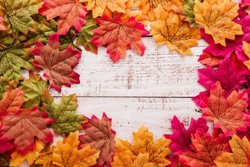 autumn leaf on old white vintage wooden texture floor with free copy space for your ideas texts