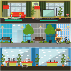 Vector set of pets interior flat posters, banners