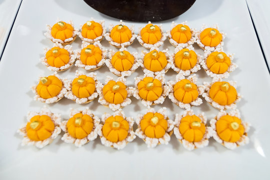 Thai desserts "Golden Crown" or "Kanom Ja Mong Kut" made in koh kre on Nonthaburi at Thailand.