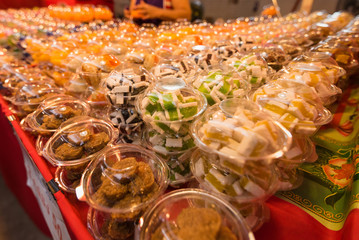 Thai desserts in plastic packaging at Koh Kret Nonthaburi, Thailand.