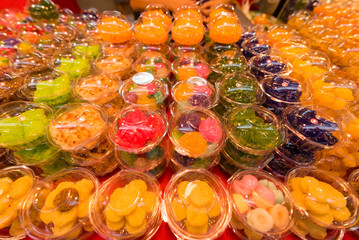 Thai desserts in plastic packaging at Koh Kret Nonthaburi, Thailand.