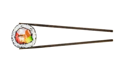 Papier Peint photo Lavable Bar à sushi Rouleau de sushi au saumon, crevettes et avocat