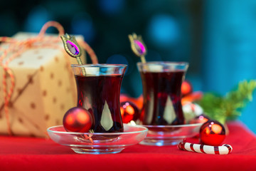 Christmas hot  tea, and light bokeh