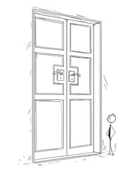 Cartoon of Business Man Standing in Front of Large Door