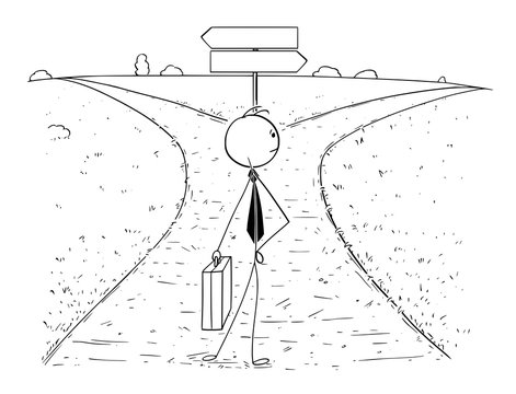 Conceptual Cartoon of Business Man on Crossroad Making Choice