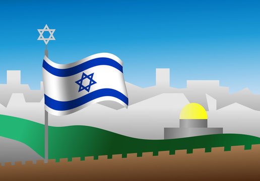 Israel flag on Jerusalem landscape