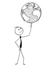 Conceptual Cartoon of Businessman with World Globe on Finger