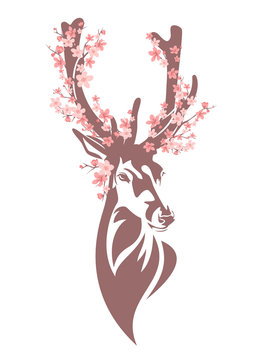 deer head with sakura flowers among antlers - spring season wildlife vector design