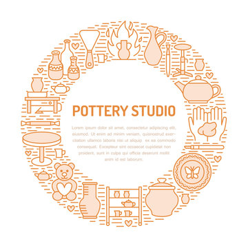 Pottery workshop, ceramics classes banner illustration. Vector line icon of clay studio tools. Hand building, sculpturing equipment. Art shop circle template with place for text.