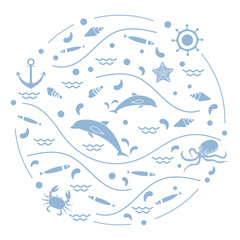 Cute vector illustration with dolphins, octopus, fish, anchor, helm, waves, seashells, starfish, crab arranged in a circle.
