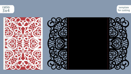 Laser cut wedding invitation card template vector. Die cut paper card with abstract pattern. Cutout paper gate fold card for laser cutting or die cutting template. Vector.
