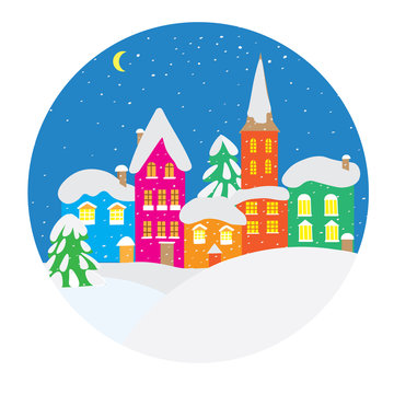 Winter landscape with small houses in a circle. A flat vector icon for the designer's work. Icon with winter contour houses. © spika777