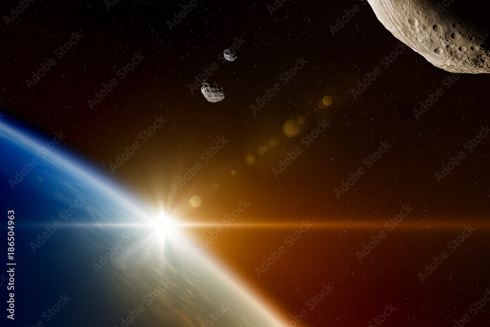 Wall mural hazardous asteroids from deep space approaches planet earth, doomsday countdown