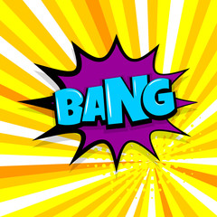 bang boom, gun Comic text speech bubble balloon. Pop art style wow banner message. Comics book font sound phrase template. Halftone radial vector illustration funny colored design.