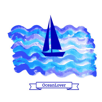 Sailboat with Watercolor Marine Background. Label, icon. Vector illustration with sailboat can be used for stickers, prints or posters design.