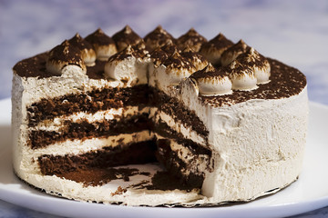 Chocolate Cake with Cream. Cappuccino.