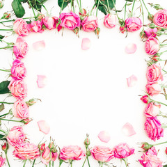 Naklejka na ściany i meble Flower frame of pink roses and petals on white background. Flat lay, Top view.
