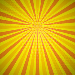 Yellow orange autumn colored Pop-Art style blue comics book background, Lichtenstein popart. Pop art comic strip backdrop sunlight, sun ray space. Funny halftone dotted template. Vector illustration.