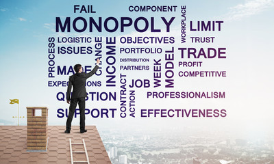 Young businessman standing on house roof and writing leadership skill concept. Mixed media