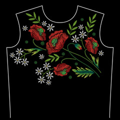 Embroidery neck line pattern with poppy and chamomile