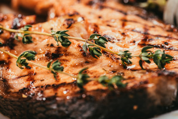Close-up view of grilled salmon fish with thyme