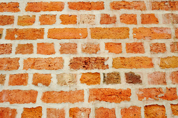 old wall brick background.  Mortar. Orange wall color background. Vintage wall