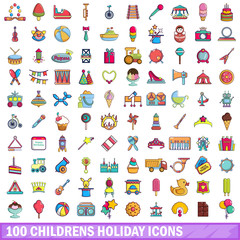100 childrens holiday icons set, cartoon style 