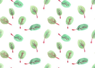 Seamless pattern with small round green leaves painted in watercolor on white isolated background