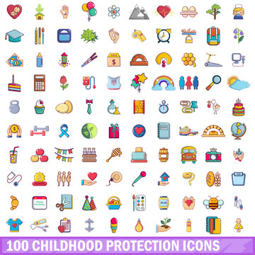 100 childhood protection icons set, cartoon style 