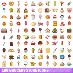 100 grocery store icons set, cartoon style 