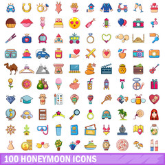 100 honeymoon icons set, cartoon style 