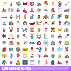 100 magic icons set, cartoon style 