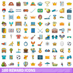 100 reward icons set, cartoon style 