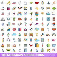 100 secondary school icons set, cartoon style 