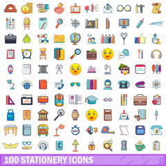 100 stationery icons set, cartoon style 