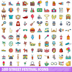 100 street festival icons set, cartoon style 