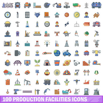 100 production facilities icons set, cartoon style 