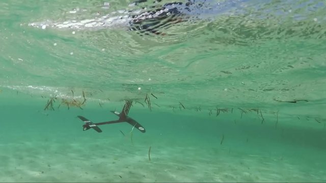 Wide angle and split underwater shot of kitesurfer riding a foil sitting and flying over water in tropical island