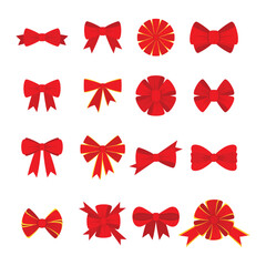 Vector red bow for decorating gifts, surprises for holidays. Packing presents for birthday, new year and Christmas. Promotion and Discount flat illustration. Objects isolated on white background. - obrazy, fototapety, plakaty