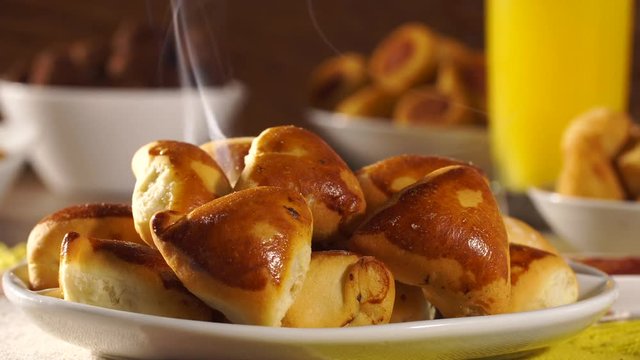 hot meat esfiha with smoke. Brazilian snack slide shot.