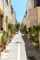 Beautiful street in Rethimno, Crete island, Greece. Summer landscape.