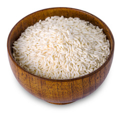 Rice in wooden bowl on white background.