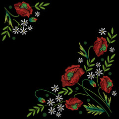 Embroidery corner floral pattern with chamomile and poppy